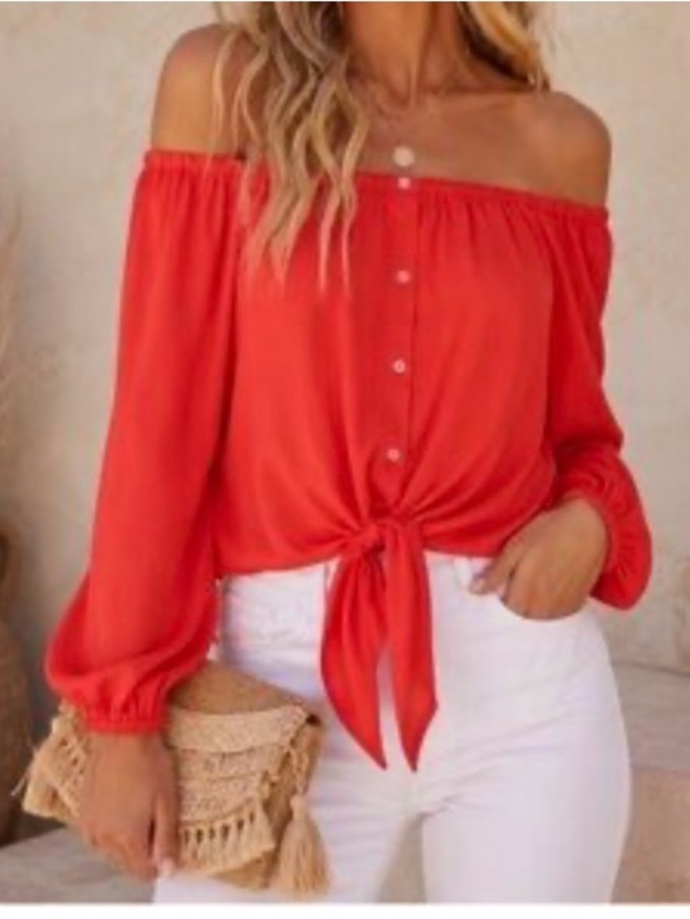 Vince Camuto  Women’s Off-Shoulder Tie-Front Blouse - Red